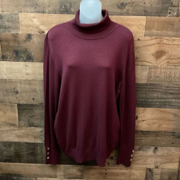Joseph A Sweater Pullover Turtleneck Maroon Windsor Wine Faux Button Cuff Large - Picture 8 of 8